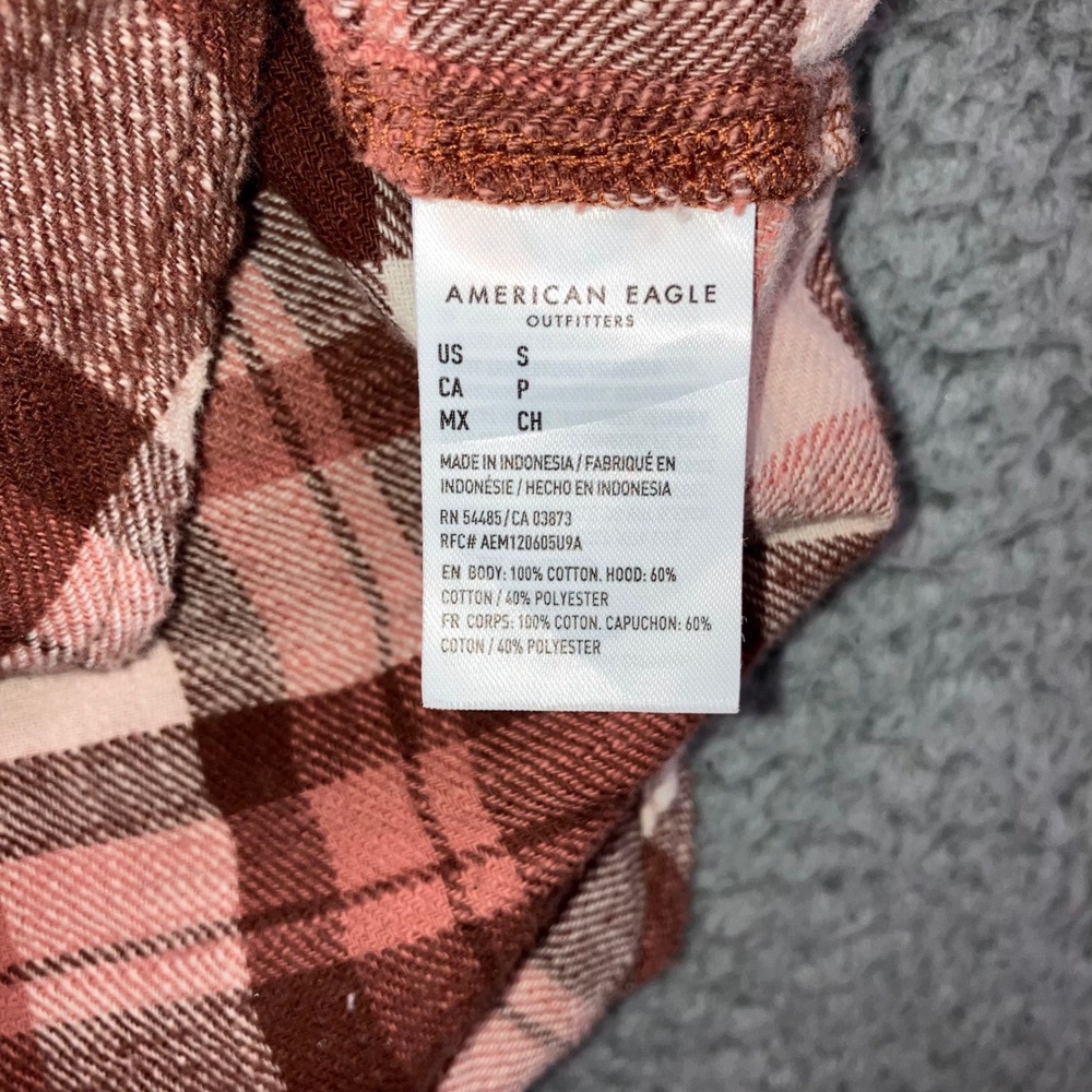 American Eagle Hooded Flannel Shirt Women Small Brown Pink Button Up Y2K Shacket - Picture 7 of 10